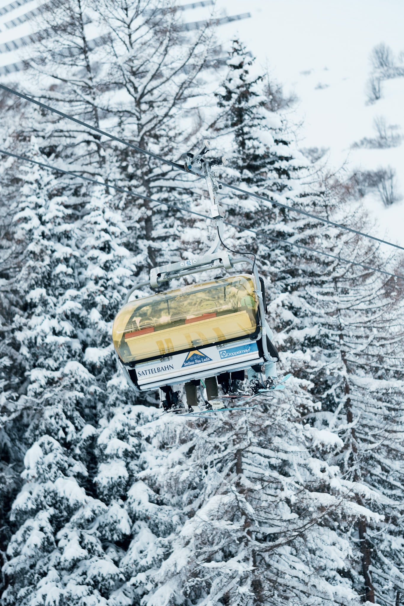 Stoeltjeslift cabine tussen besneeuwde dennenbomen - bergbaan transport fotografie