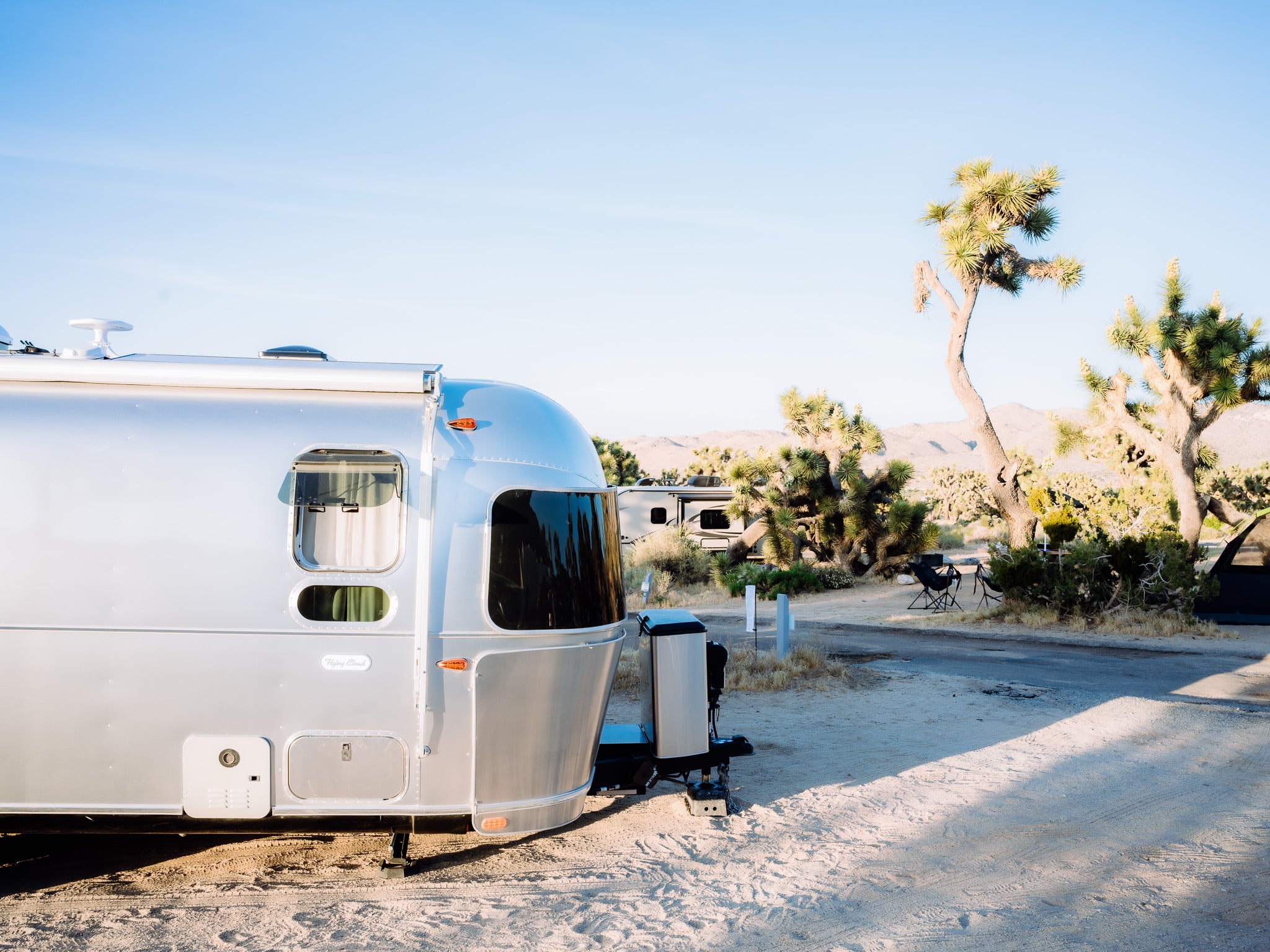 Zilveren Airstream caravan geparkeerd tussen Joshua Trees in de woestijn van Californië